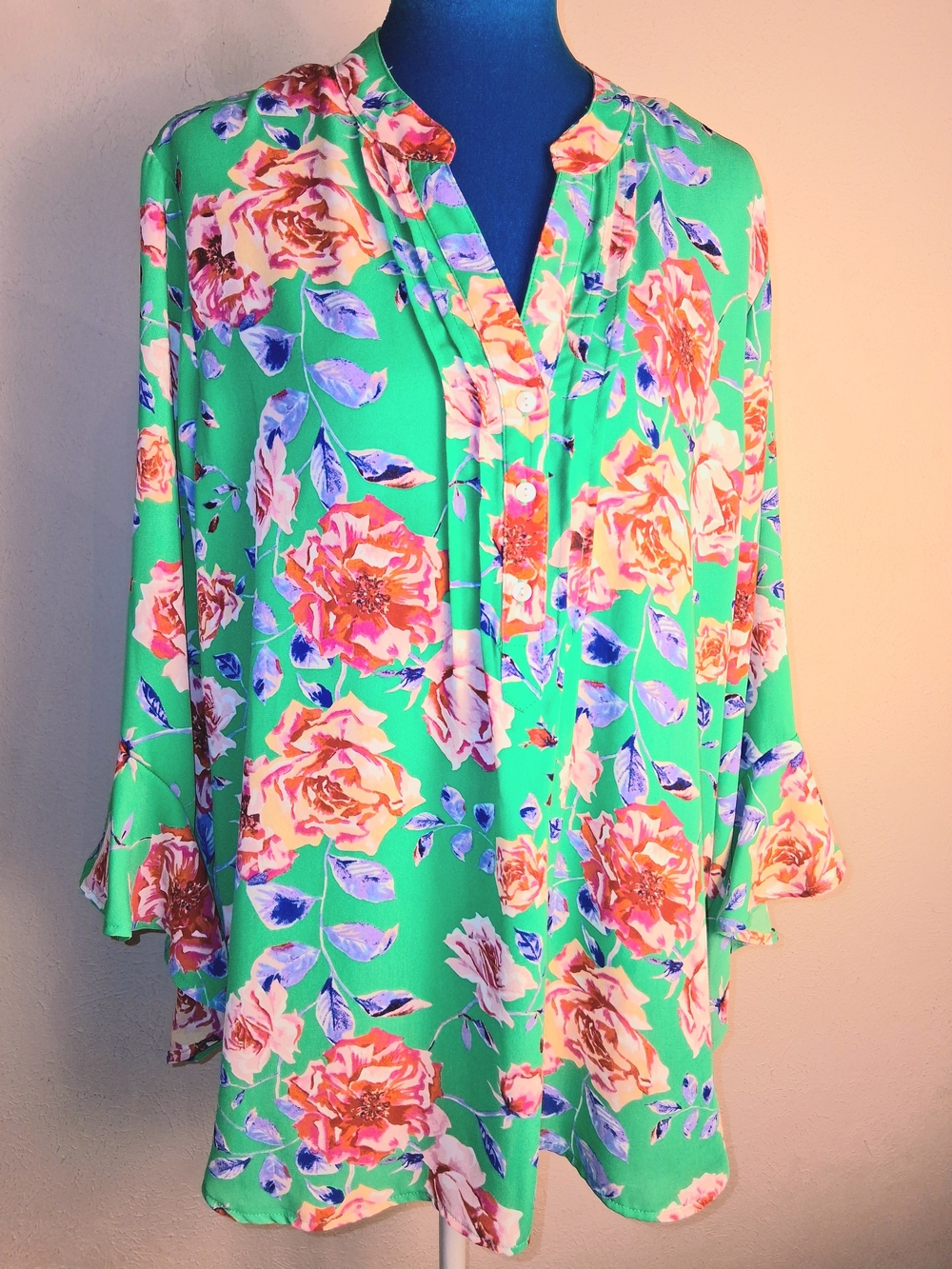 The Pioneer Woman Green Floral Print Blouse with Blue and Pink Accents